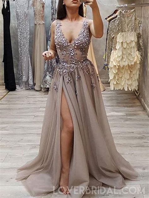 sexy v neck see through grey side slit lace long evening prom dresses cheap sweet 16 dresses 18440
