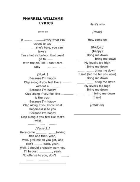 song worksheet happy by pharrell williams for spanish speakers