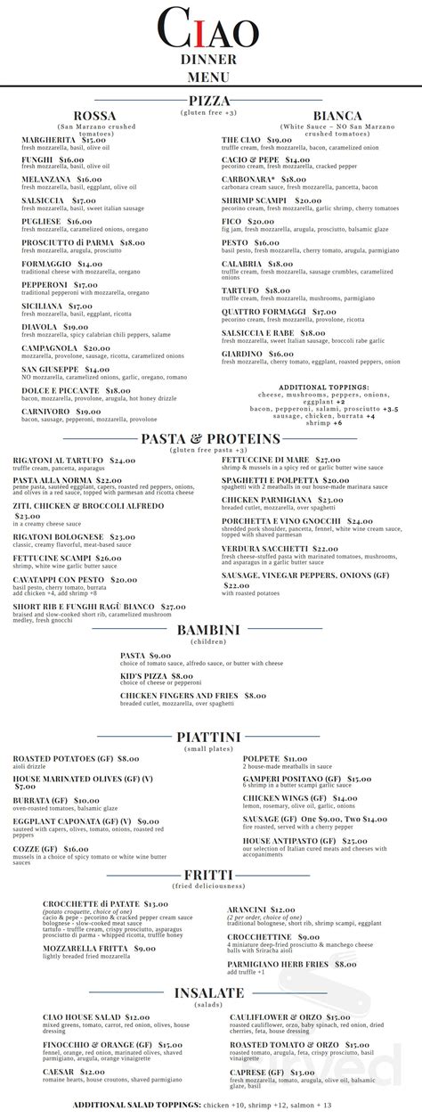 ciao restaurant bar menu  lynn massachusetts usa