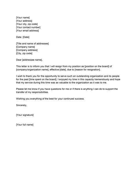 board member resignation letter template