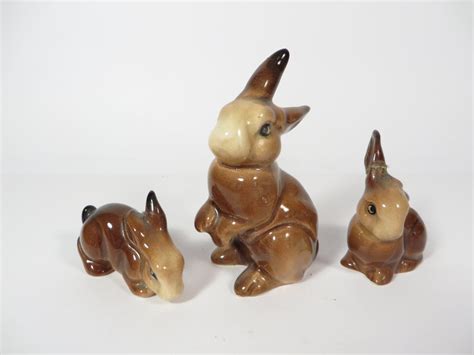 Vintage Set Of 3 Porcelain Bunny Rabbits Brown By Pherdsfinds