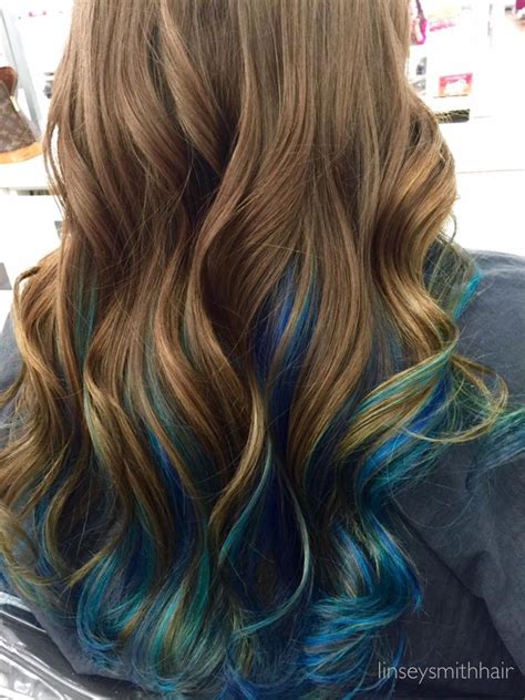 brown hair  blue peekaboos blue hair highlights blue ombre hair