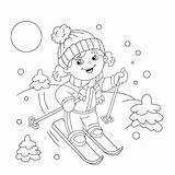 Coloring Outline Skis Riding Cartoon Boy Girl Skiing Snowboarding Winter Sports Stock Illustrations Book Kids Vector sketch template