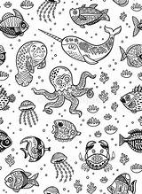 Illustration Vector Coloring Pattern Book Jellyfish Stock Seamless Aquatic Animals Children sketch template