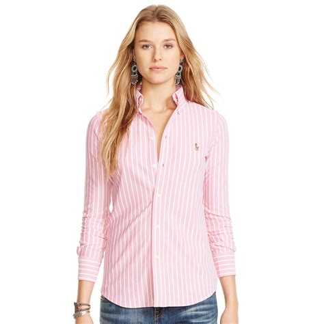 polo ralph lauren cotton striped knit oxford shirt  pink lyst