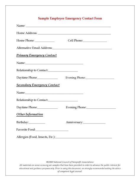 printable employee emergency contact form printable forms