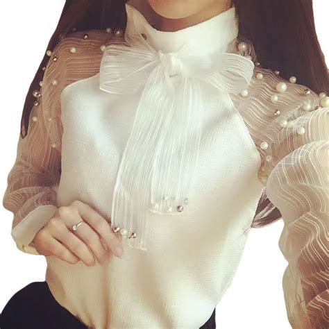 2017 New Spring Elegant Organza Bow Of Pearl White Blouse Casual