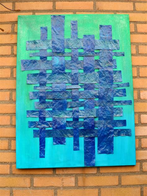 papier vlechten  blauwgroen op canvasdoek blauw groen blauw groen