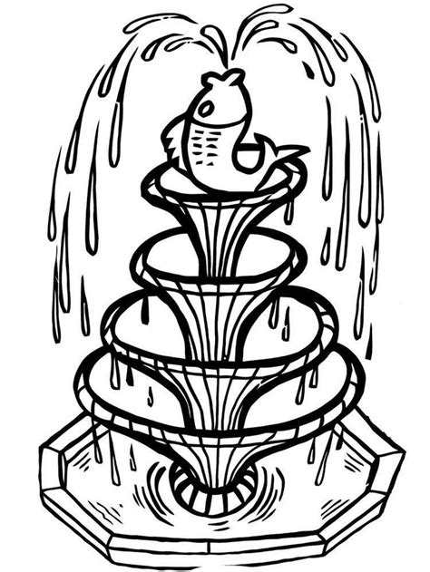 black  white drawing   fountain  water pouring   top