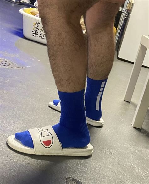Thatdudeinsneaks In Blue Nike Crew Socks And White Champion Slides