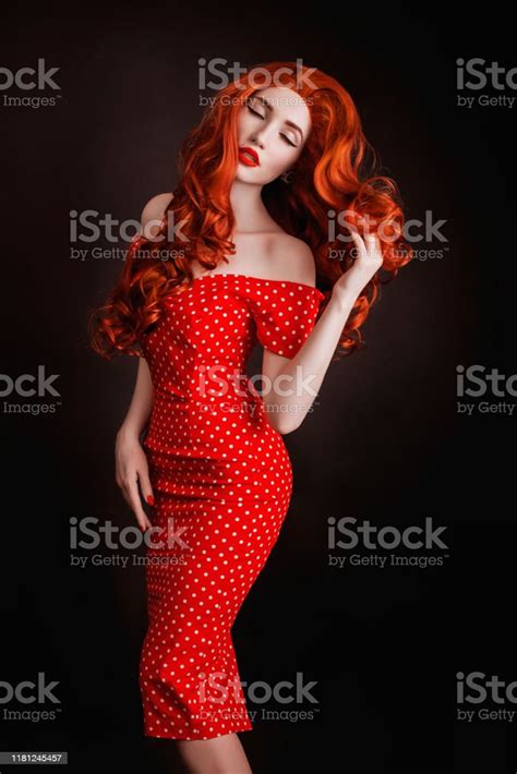 Redhead Woman With Pale Skin And Red Lips On Black Background Girl With