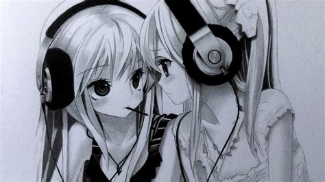 drawing two anime girls with headphones graphite pencil youtube
