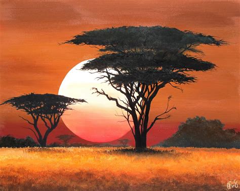 african landscape sunset painting setting sun   etsy