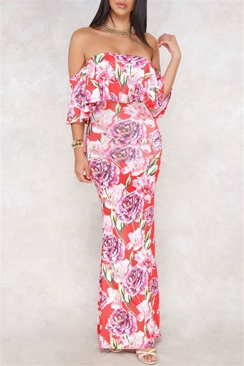 hualong off shoulder red floor length floral dress online store for women sexy dresses