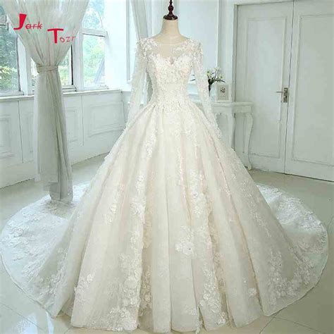 jark tozr   arrive long sleeve china bridal gowns beading pearls   lace appliques