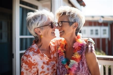 夏休み中に優しい瞬間を持つlgbtqの高齢の観光客の外でキスするシニアのゲイレズビアンカップルジェネレーティブai プレミアム写真
