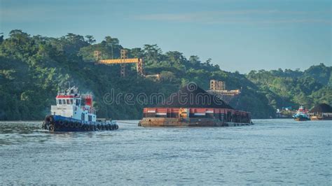 tugboat pull heavy loaded barge  coal stock image image  mountain fuel