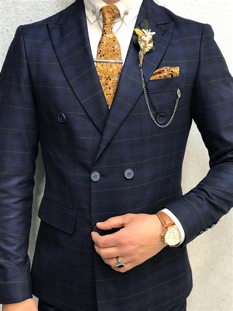 buy navy blue double breasted plaid suit  gentwithcom