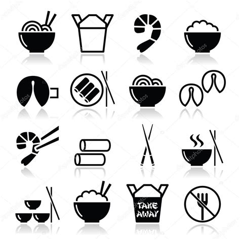 Chinese Take Away Food Icons Pasta Rice Spring Rolls Fortune