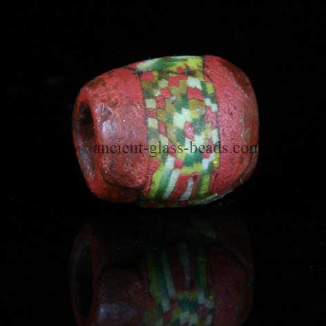 medieval red glass bead  micro mosaic checkerboard