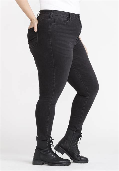 women s plus size repreve® black high rise exposed button skinny jeans