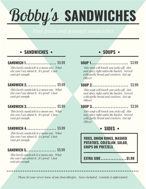 sandwiches menu venngage