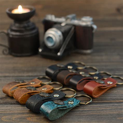 simple retro genuine leather key chain holder ring single ring creative