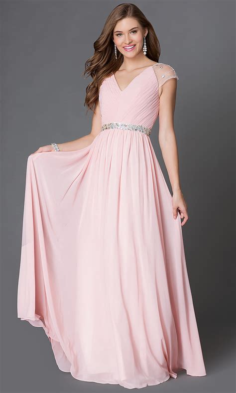 long v neck prom dress with cap sleeves promgirl