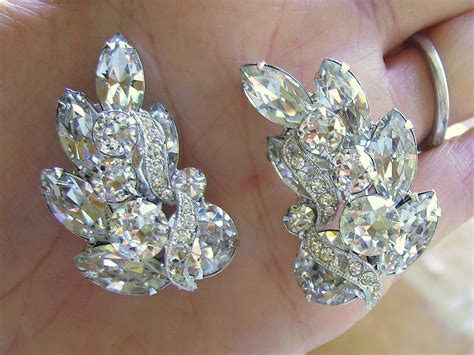 vintage eisenberg clear rhinestone clip earrings  chelseaantiques
