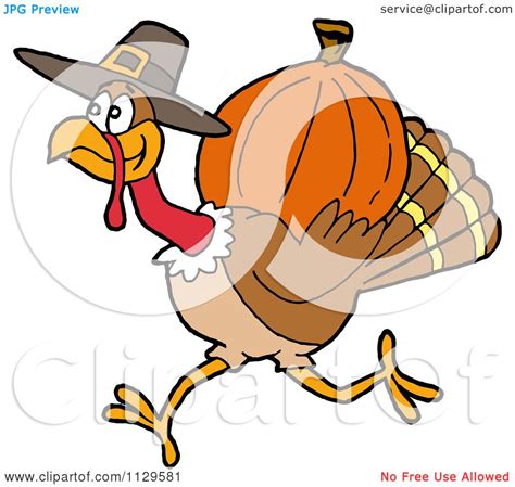 cartoon of a thanksgiving pilgrim turkey running with a pumpkin