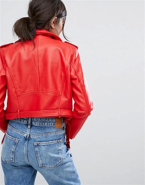 bershka leather  biker jacket  red lyst