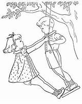 Coloring Vintage Embroidery Swing Girl Pages Book Designs Patterns Drawing Redwork Broderie Kids Boy Standing Playing Hand Etsy Stitch Digital sketch template
