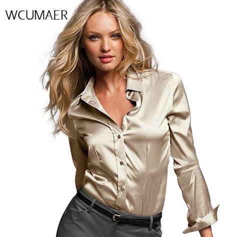 women silk satin blouse button long sleeve white gold red black lapel ladies office work elegant