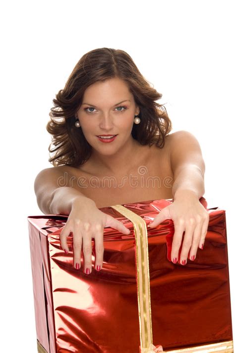 Beautiful Naked Woman Behind A Big Christmas T Stock