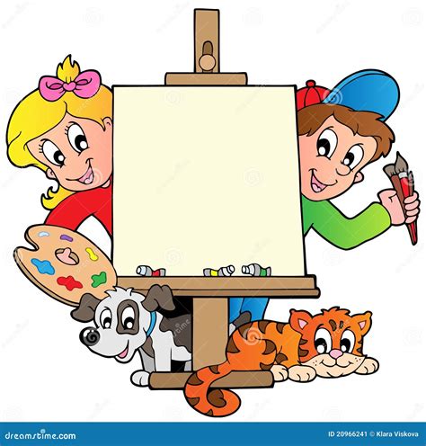 cartoon kids  painting canvas stock image image