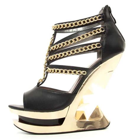 Hades Nika Black Peep Toe Strappy Shoes Gold Accent Chains