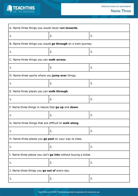 prepositions  movement prepositions grammar activities worksheets