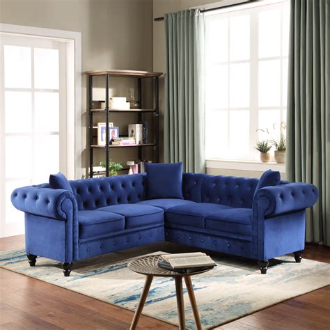 velvet tufted sofa  chaise blue  orange living room features