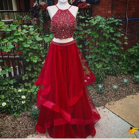 Red Halter Two Piece Prom Dress With Beaded Crop Top And Layered Skirt