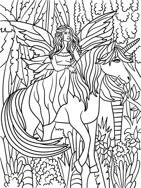 fairy riding unicorn coloring page  adults  vector art