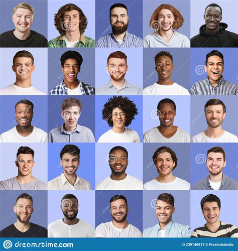 Collection Of Male Avatars Multiracial Men Smiling On Blue Stock Image