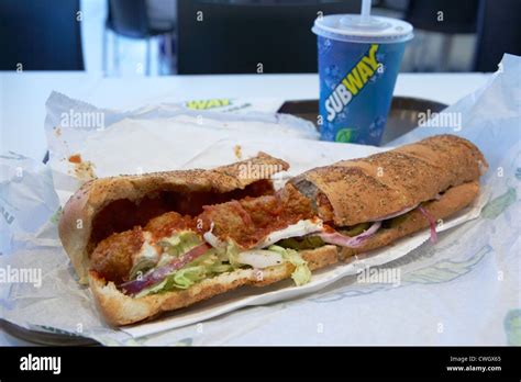 subway foot long meatball marinara sandwich  salad  dressing stock photo alamy