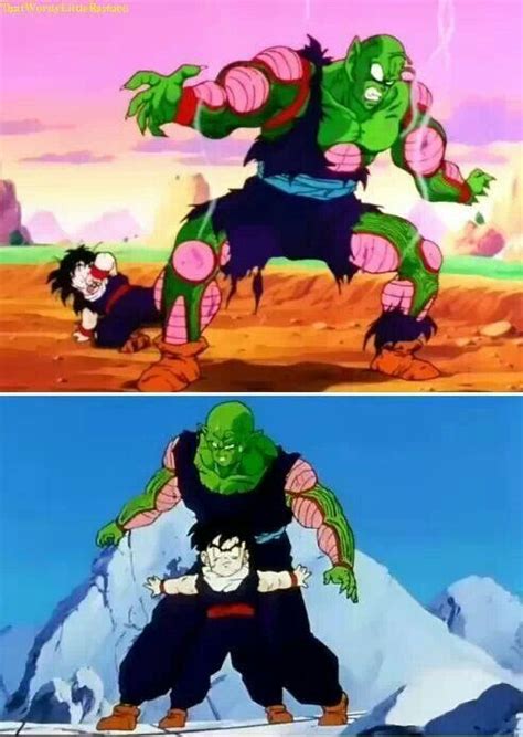 the bottom picture is so cute little gohan trying to protect piccolo~ dbz pinterest