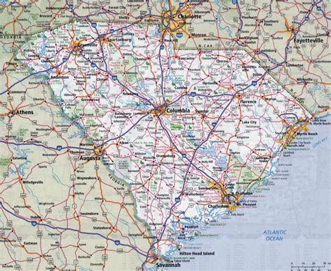 large detailed roads  highways map  south carolina state