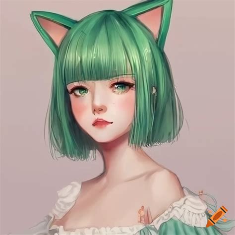 Anime Girl With Cat Ears And Green Hair