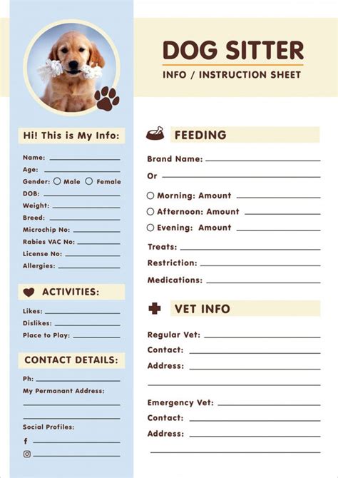 dog sitter instruction information sheet design pet sitter