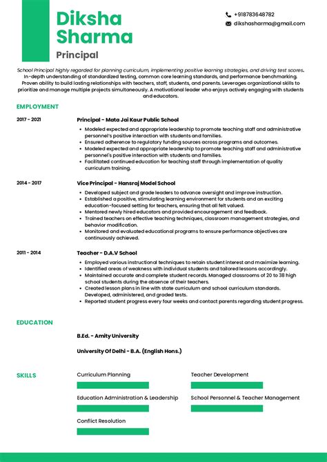 sample resume  school principal  template writing guide