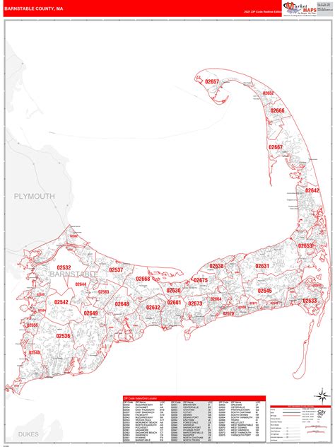 barnstable county ma zip code wall map red  style  marketmaps mapsales