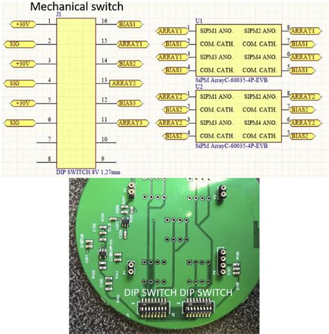 top electronic schematic view  connections  view  dip switches