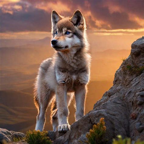 wolf pup howling   rocky den cliffside sunrise openart